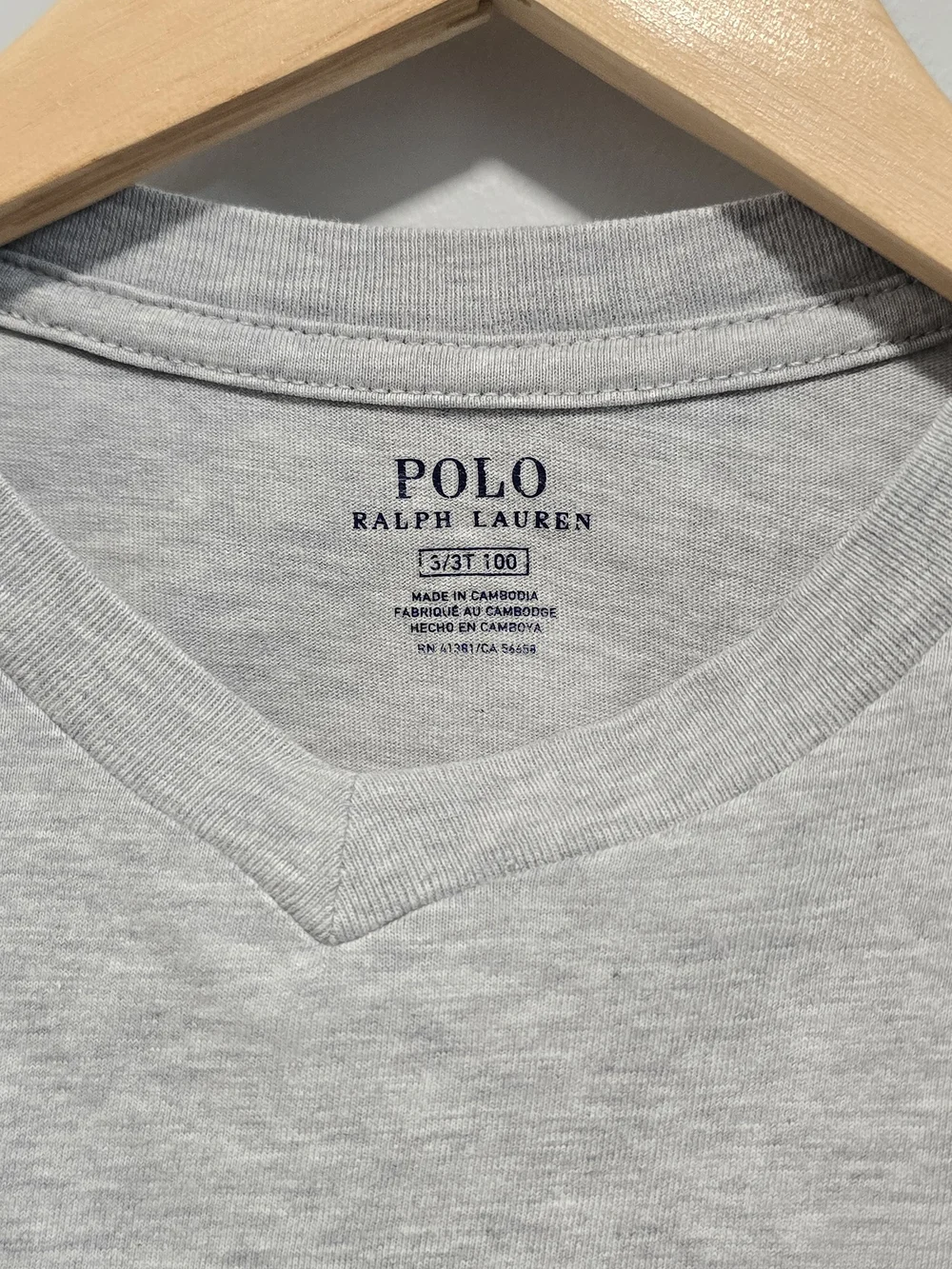 Ralph Lauren Kids' Long-Sleeve V-Neck Tee in Light Gray with Navy Pony